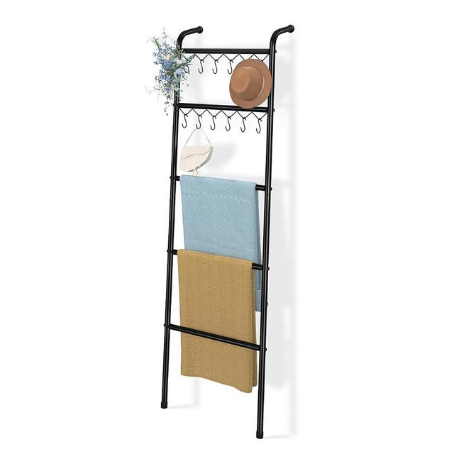 Simple Trending Blanket Ladder，5-Tier Metal Towel Rack with 12 Hooks, (79'') Metal Style Decorative Ladder for The Living Room Bedroom Bathroom Home Decor, Black