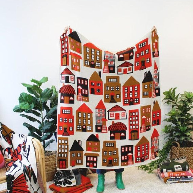 Neighborhood Houses Homes Merino Wool Blanket in Red, Brown, Ochre, Tan - Housewarming Gift