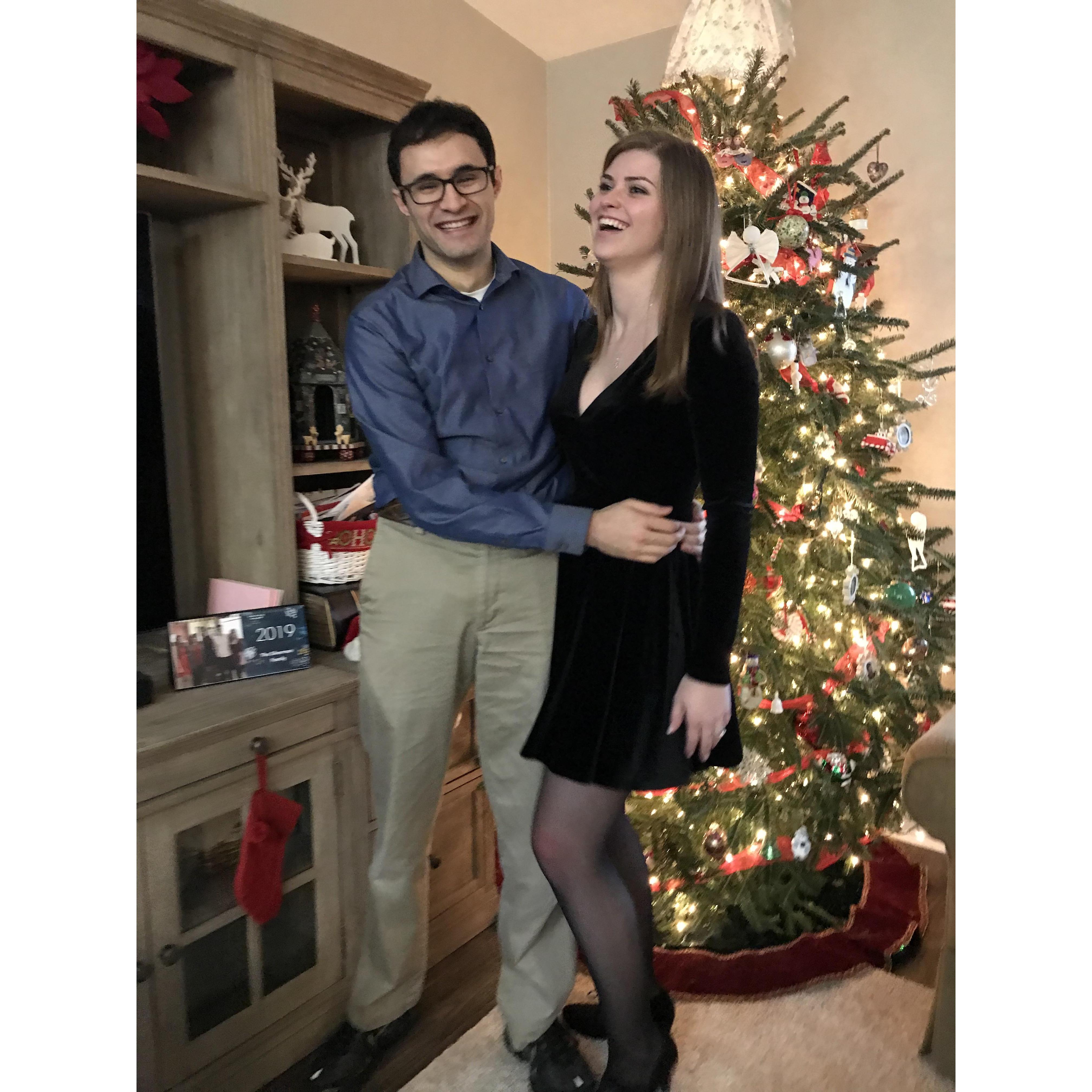 Circa 2018. Christmas Eve at the Silverman's house. Kate was taking the photo and made us laugh.
