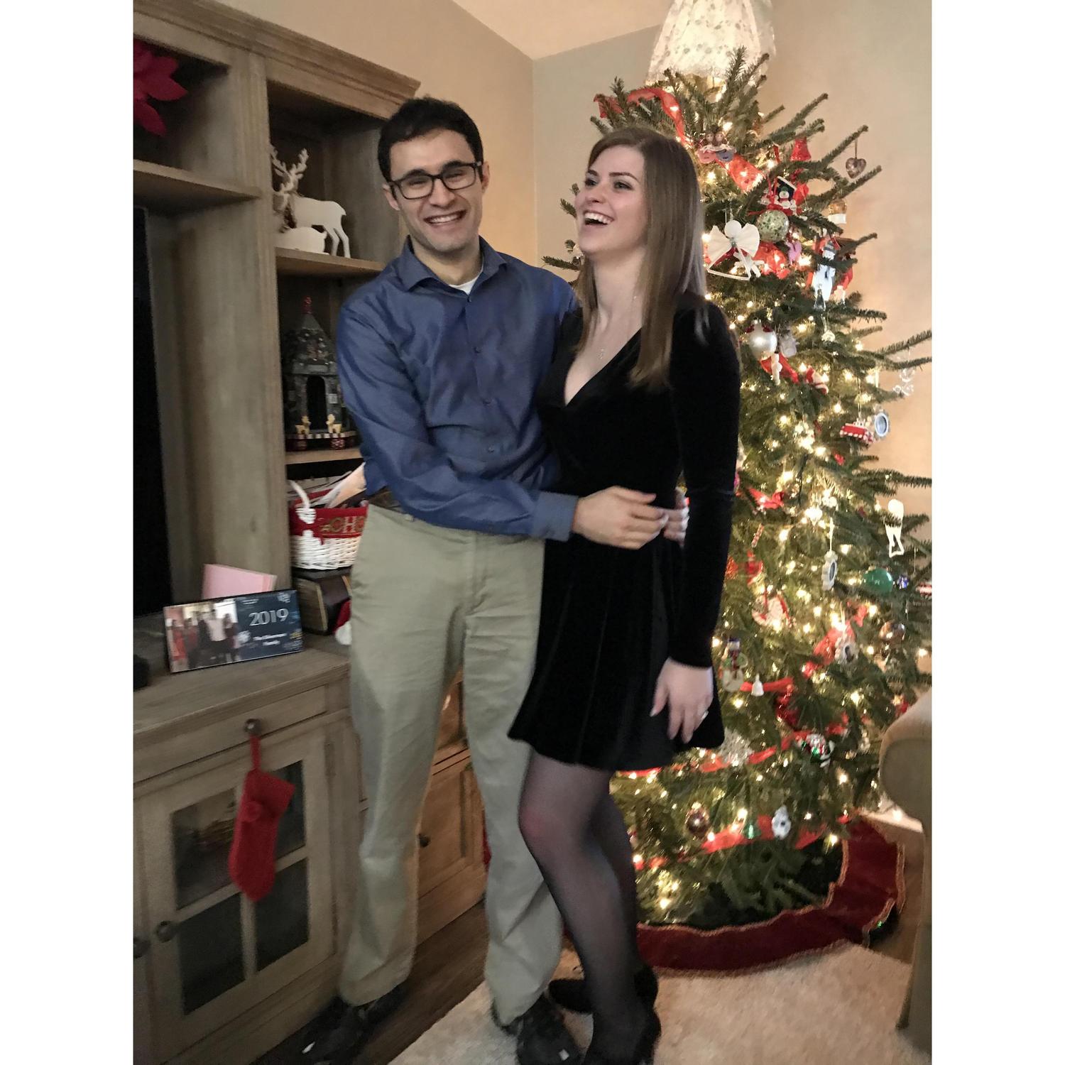 Circa 2018. Christmas Eve at the Silverman's house. Kate was taking the photo and made us laugh.