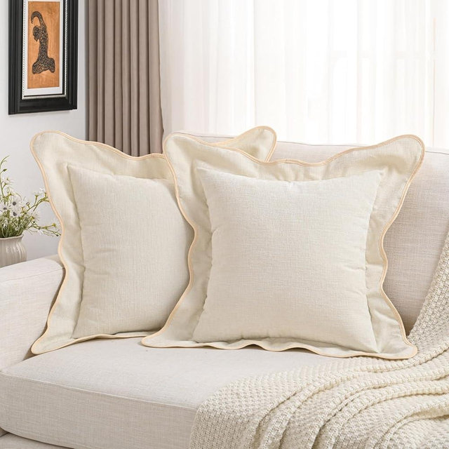 FUTEI Beige Chenille Throw Pillow Covers 18x18 Inch Set of 2,Double Stitch Scalloped Bordered Soft Square Cushion Case,Home Decor for Couch,Bed,Living Room