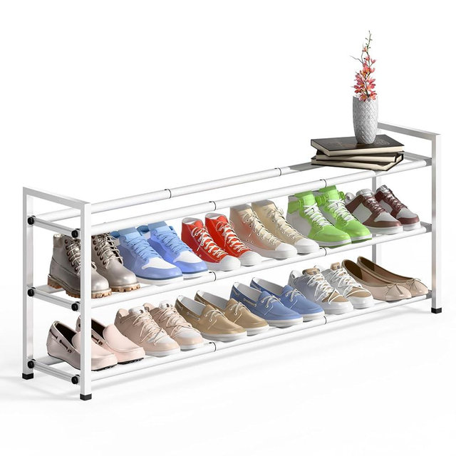 Bumusty 3-Tier Long Expandable Shoe Rack for Closet, 18"-44" Adjustable Shoe Rack for Entryway, 15-18 Pairs Large Shoe Organizer Shelf Storage, Sturdy Metal, White
