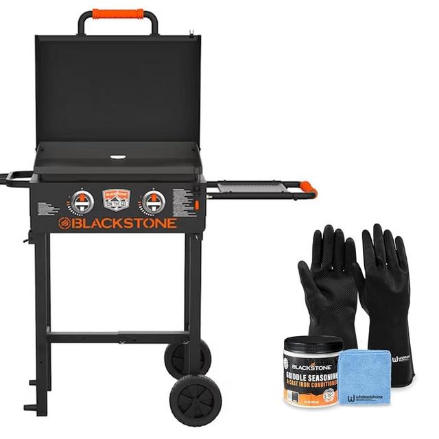 22 inch Blackstone Griddle with Hood and Grill Stand, Outdoor Flat Top Grill Propane Portable Gas Grill for Camping and BBQ Grill with Blackstone Seasoning, and Wholesalehome Gloves and Cloth Included