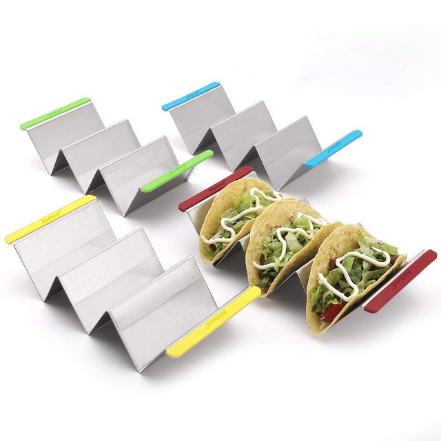 Taco Holder Stands Stainless Steel Set of 4 with Colorful Silicone Easy-Access Handle, Taco Rack, Taco Shell Holder, Taco Tray, Oven, Grill, and Dishwasher Safe, Smooth Edge
