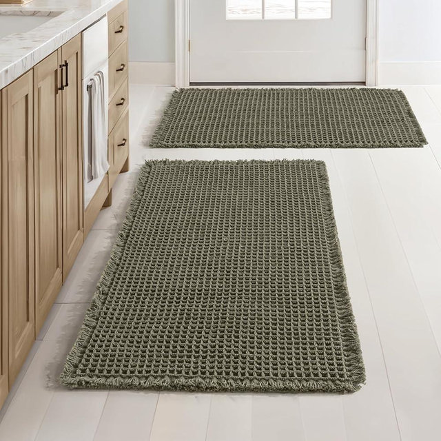 MIULEE Set of 2 Waffle Bathroom Rugs, Boho Bath Rugs Non Slip Washable, Super Absorbent Bath Mats, Ultra Soft Rubber Backed Shower Mats for Bathroom Floor, Tub and Shower, Green, 20x32 Inch