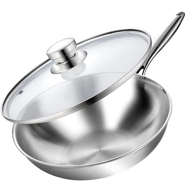 LOLYKITCH 3 Ply Stainless Steel 13 Inch Wok Pan with Detachable Ergonomic Handle、Glass Lid, Compatible with Induction, Gas, Ceramic , Electric Stoves and Oven Safe(Removable handle)