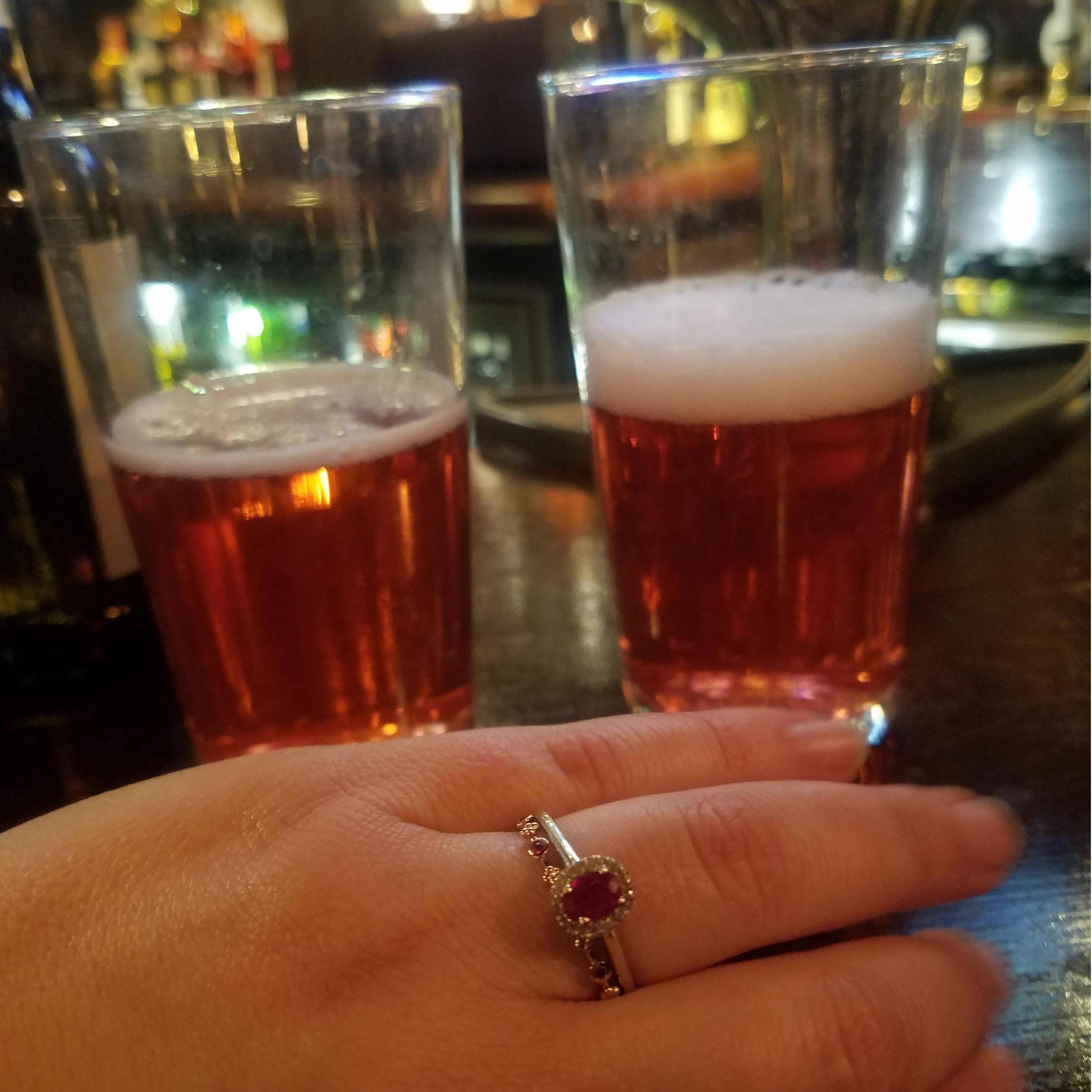 Toasting our engagement at the SherlockHomes Bar next to Trafalgar Square with Strawberry pineapple Cider!!! April 10th 2019!!!