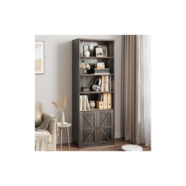 Whizmax Bookcase with Doors Industrial Bookshelf, Farmhouse Bookcases Wooden 6 Shelf Bookshelves for Bedroom, Living Room, Home Office, Oak