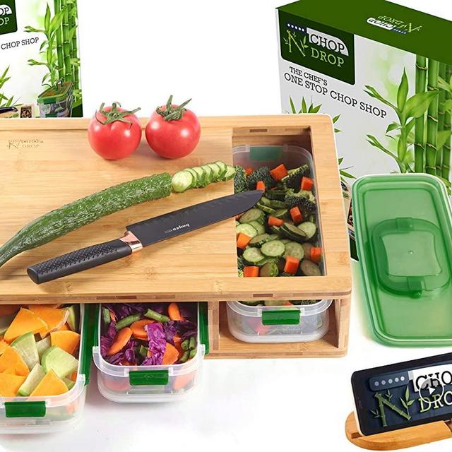Bamboo Cutting Board With Containers And LOCKING LID. Extra Large Cutting Board Set With Trays For Quick And Easy Food Prep And Cleanup. Stackable Containers For Easy Storage And Transport