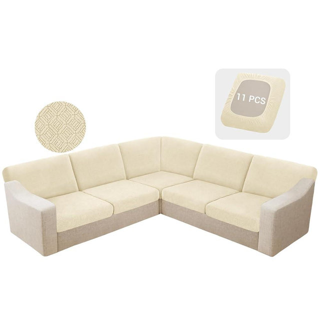 HDCAXKJ Waterproof Sectional Couch Cushion Covers 11 Pieces Stretch Jacquard L Shaped Corner Sofa Slipcover Back Cover Soft Sofa Seat Cushion Covers for Dogs Pet (5 Seater and 6 Backrest, Beige)