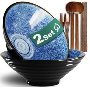 8-Inch 2 Sets Ceramic Ramen Bowl (8 Piece) - Japanese Porcelain Dishwasher Microwave Safe Salad Noodles Cereal Pasta Soup Large Bowls with Chopsticks Forks Spoons for Men Women Housewarming Gift