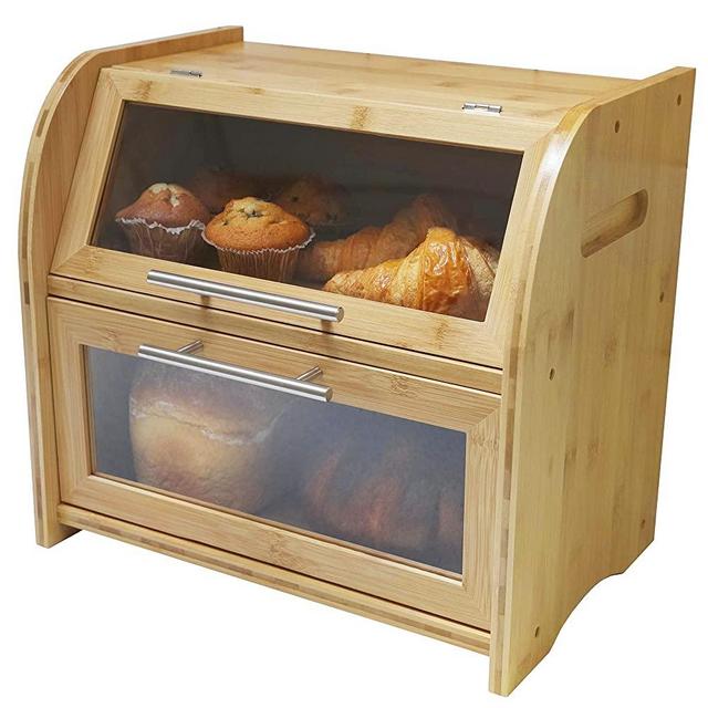 Arise Stylish Bamboo Bread Box for Kitchen Countertop, Extra Large 2-Shelf Wooden Bread Storage with Clear Windows and Air Vents Keeps Bread, Bagels and Rolls Fresh.15.7 x 10.4 x 14.4, Self Assembly