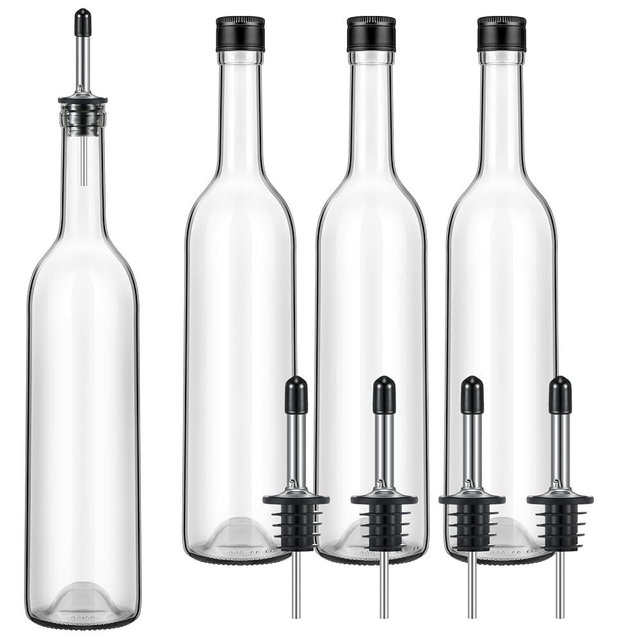 Maxdot 4 Pcs Long Neck Bottle with Pourer 750ml Glass Liquor Bottle juice Pour Bottles Syrup Bottles Glass for Home Wine Liquor Juice Making Wedding Anniversary Party (Stainless)