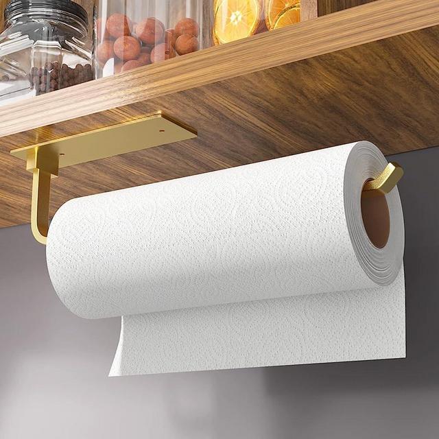 Paper Towel Holder - Self-Adhesive or Drilling, Gold Wall Mounted Paper Towel Rack Under Cabinet for Kitchen, Upgraded Aluminum Kitchen Roll Holder - Lighter but Stronger Than Stainless Steel!