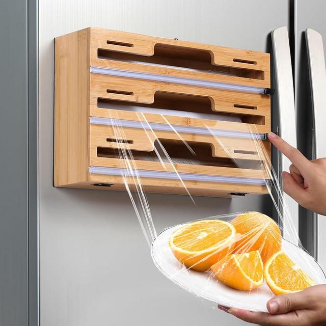 Allinside Magnetic Plastic Wrap Dispenser with Cutter, 3 in 1 Refrigerator Bamboo Wood Organizer for Tin Foil, Baking Paper, Wax Paper Holder Kitchen Storage Box Compatible with 12.9" Roll (3 Tier)