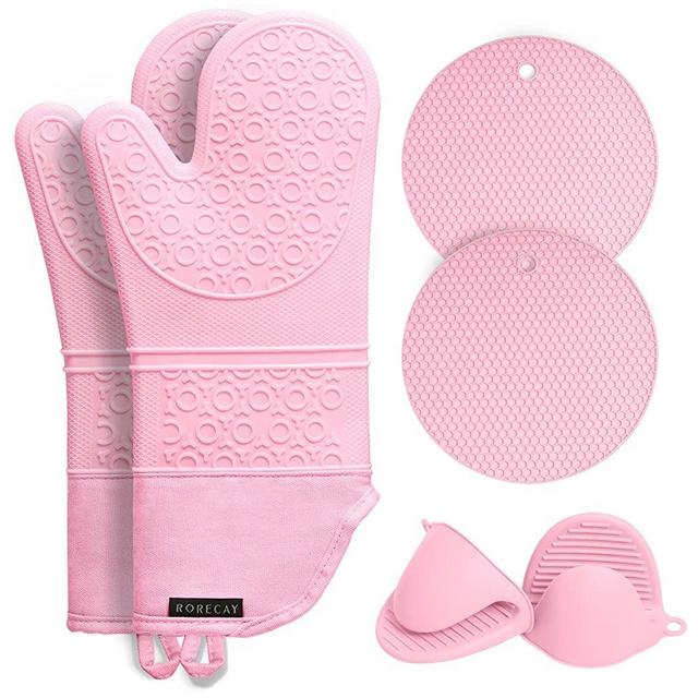 Rorecay Extra Long Oven Mitts and Pot Holders Sets: Heat Resistant Silicone Oven Mittens with Mini Oven Gloves and Hot Pads Potholders for Kitchen Baking Cooking, Quilted Liner, Pack of 6 (Pink)