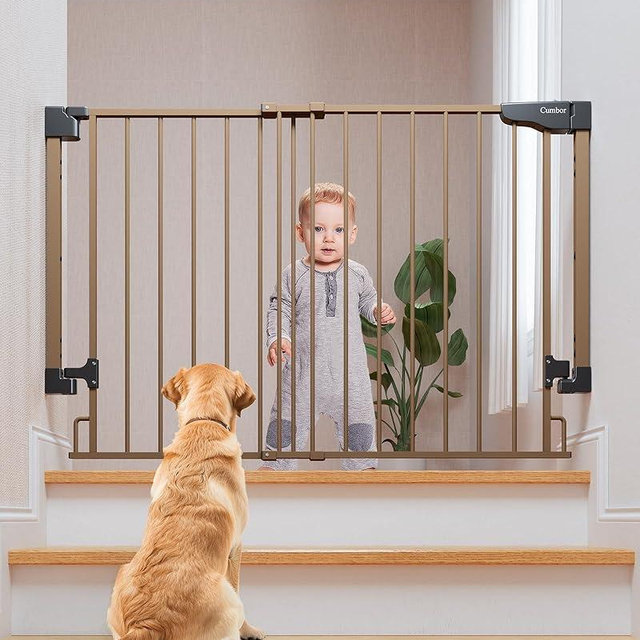 Cumbor 29.2-43" No Bottom Bar Baby Gate for Stairs, 2-in-1 Auto Close Dog Gate Indoor, Hardware Mounted Pet Gate for Doorways with Large Walk Thru Door, Child-Proof Safety Gate for Kids (Brown)