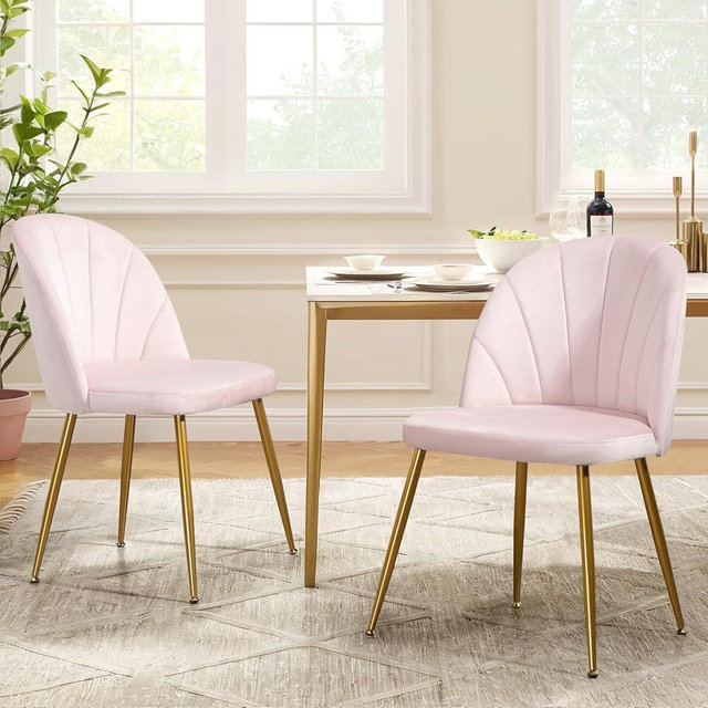 Newnno Velvet Dining Chairs Set of 2, Upholstered Mid Century Modern Dining Chairs, Armless Accent Chair with Metal Gold Legs for Living Room, Kitchen, Dining Room, Pink