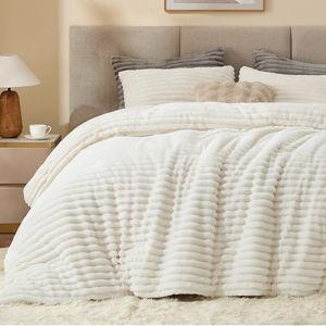 BEDELITE Fleece King Comforter Set -Super Soft & Warm Fluffy Cream White Bedding, Luxury Fuzzy Heavy Bed Set for Winter with 2 Pillow Cases