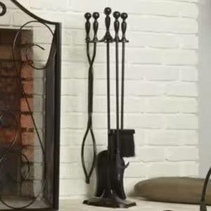 5-Piece Heavy-Duty Cast Iron Fireplace Tool Set in Black