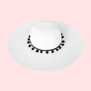 Sun Hat with Black Pom Poms