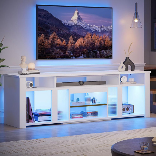 Bestier 80 Inch TV Stand for 85 Inch TVs, Modern Open Entertainment Center with LED Lights & Adjustable Shelves, Media Console for Gaming Setup and Home Theater (White)