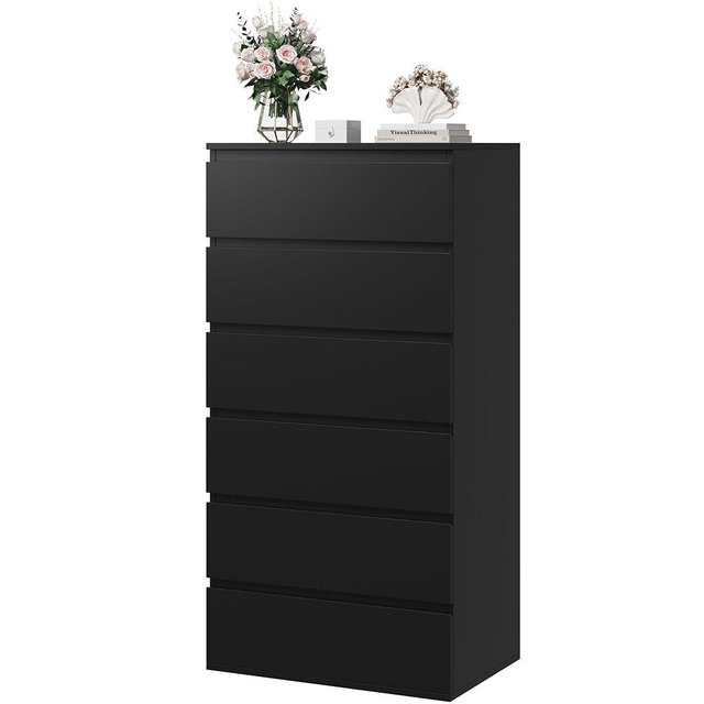 FOTOSOK Black Dresser, 6 Drawer Dresser, Modern Tall Black Storage Chest of Drawers Wood Dresser with Metal Sliding Rail, Handleless Drawer Cabinet for Home & Office