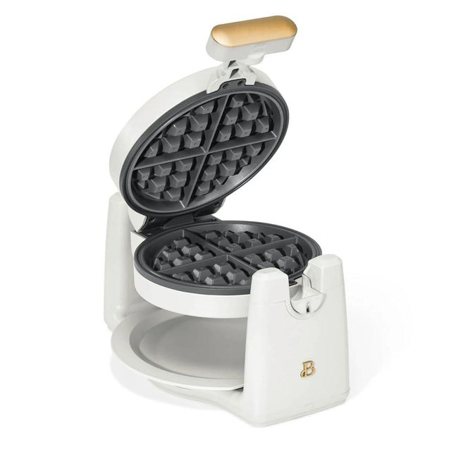 Beautiful Rotating Belgian Waffle Maker – 1000W, Makes 5 Thick Waffles, 7 Settings, Ceramic Nonstick, Compact Foldable Handle (White Icing)