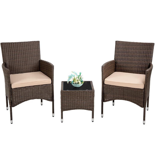 Outdoor Patio Furniture Set，3 Pieces Wicker Bistro Set Outdoor Patio Set Rattan Chair Conversation Sets Patio Sofa Wicker Table Set for Yard Backyard Lawn Porch Poolside Balcony (Khaki)