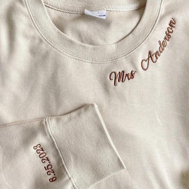 Custom Mrs. Name On Neckline Embroidered Sweatshirt, Date On Sleeve, Wife Shirt, Future Mrs Hoodie, Engagement Gift, Bride To Be