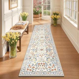 Yamaziot Washable Runner Rug 2x8 – Boho Non Slip Floral Hallway Runner Rug with Rubber Backing, Low Pile Distressed Carpet for Kitchen, Laundry, Bedroom, Entrance, Colorful Beige