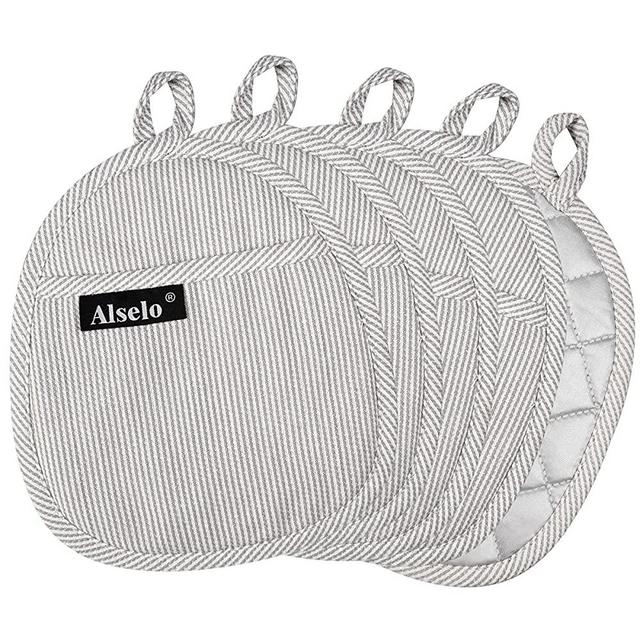 Alselo Pot Holder Set of 5 Heat Resistant Potholder, Professional Baking Food Safe Hot Pat Cotton with Silver-Plated for Kitchen Cooking Barbecue (Light Grey, 5)