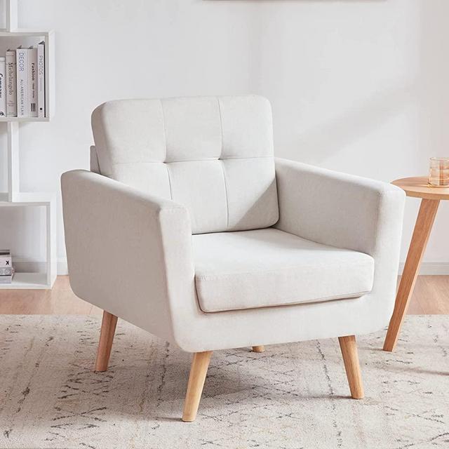 Tbfit Linen Fabric Accent Chairs, Mid Century Modern Armchair for Living Room, Bedroom Button Tufted Upholstered Comfy Reading Accent Chair Sofa(Beige)