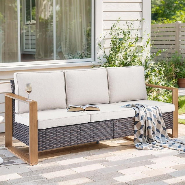 HUMMUH Outdoor Wicker Sofa-3 Seater Rattan High Back Couch Patio Sofa for Deck Porch Garden Balcony Poolside-Brown/Beige