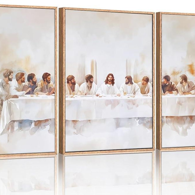 KAIRNE Jesus Last Supper Framed Canvas Wall Art Set, Christian Twelve Apostle Wall Decor, Bible Renaissance wall Painting, Religious Picture Art Print for Living Room, Bedroom, Church, Large 16"x24"x3