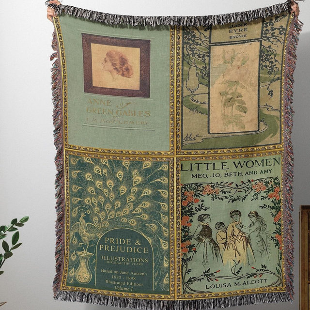 Book Covers Blanket, Woven Little Women Book Throw Blanket, Anne of Green Gables Cottagecore Book Blanket, Jane Austen Reading Blanket