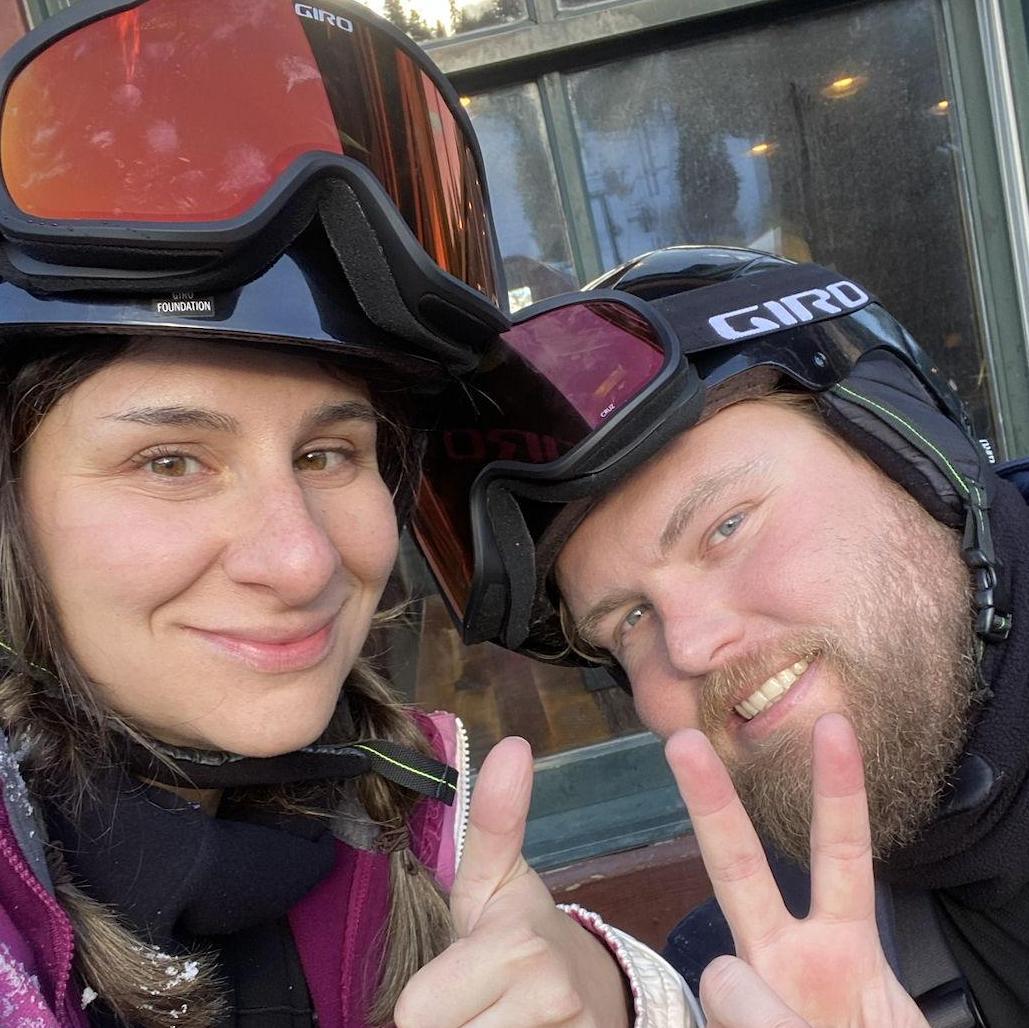 The one and only time we've been skiing. We graduated at the top of our ski school class!