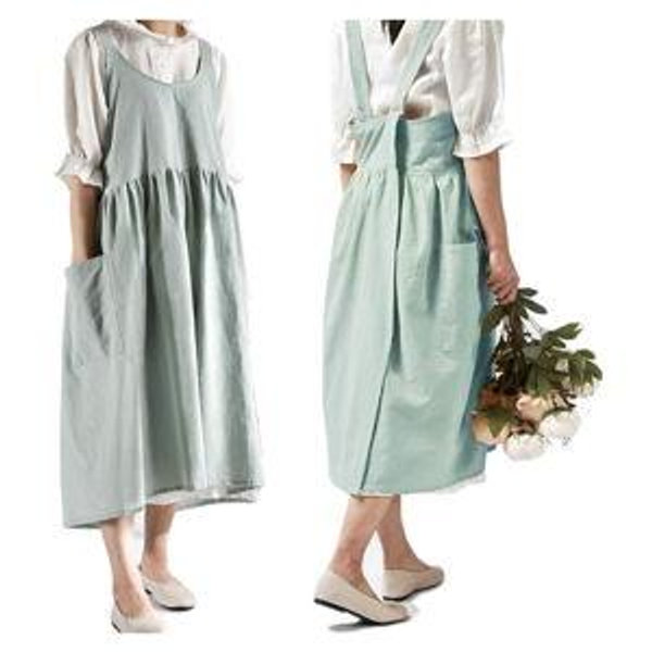 NEWGEM Cotton Linen Cross Back Apron for Women with Pockets for Cooking Gardening Turquoise without Waist Ties