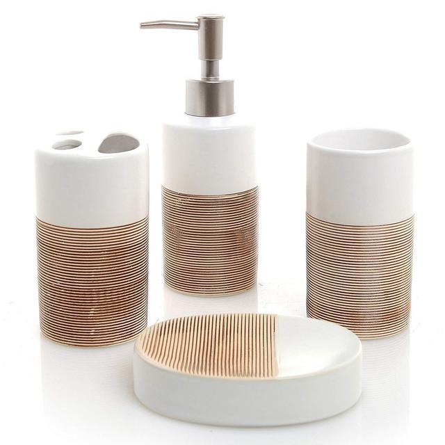 MyGift Deluxe 4 Piece White & Beige Ceramic Bathroom Set w/Soap Dispenser, Toothbrush Holder, Tumbler & Soap Dish