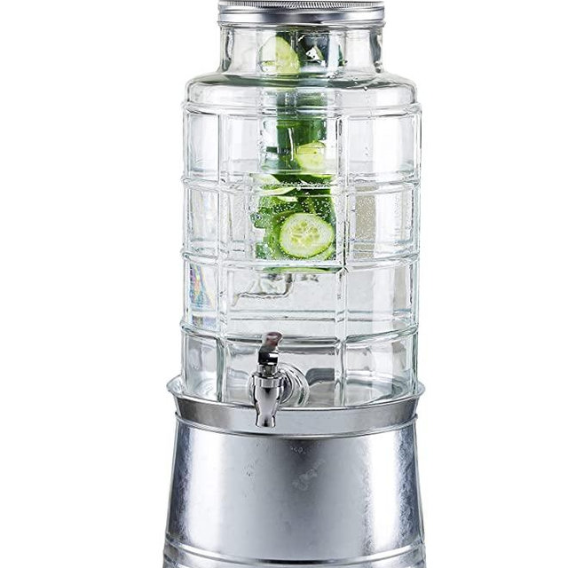 Style Setter Patchwork Beverage Dispenser Cold Drink Dispenser w/ 2.4-Gallon Capacity Glass Jug, Ice Insert, Fruit Infuser, Galvanized Base, Leak-Proof Spigot Great for Parties Weddings