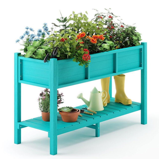 LUE BONA Raised Garden Bed with Tools, 47*18*29 in, Poly Elevated Planter Box with Legs & Storage Shelf, Weather Resistant, 3-Year Warranty, Standing Growing Bed Herb Planter for Vegetable, Aruba Blue