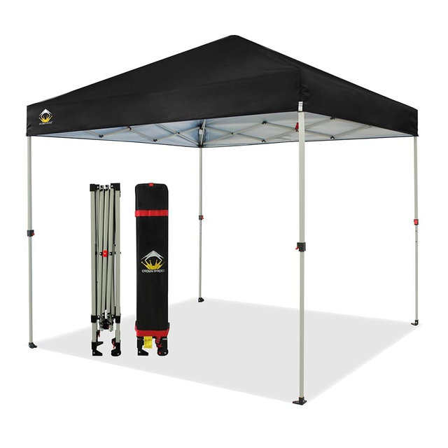 CROWN SHADES 8x8 Pop Up Canopy, Patented Center Lock One Push Instant Popup Outdoor Canopy Tent, Newly Designed Storage Bag, 8 Stakes, 4 Ropes, Silver-coated Black