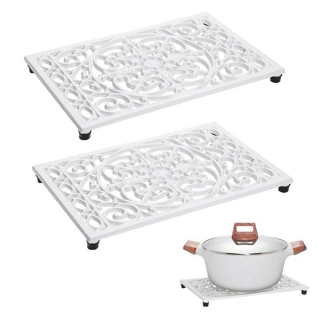 Sumnacon Cast Iron Trivet,2 Pack Metal Trivets with Rubber Feets,9.6 x 6.3 Inch Iron Trivet for Hot Dish Pot Pan Plate Teapot,Heat Resistant Trivet Cast Iron for Kitchen Cooktop Dining Table,White