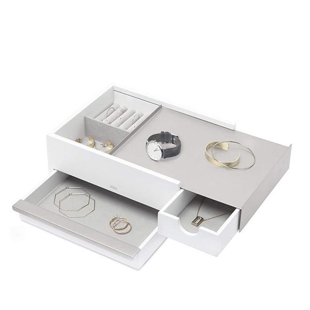 Umbra, White/Nickel Stowit Jewelry Box-Modern Keepsake Storage Organizer with Hidden Compartment Drawers for Ring, Bracelet, Watch, Necklace, Earrings, and Accessories