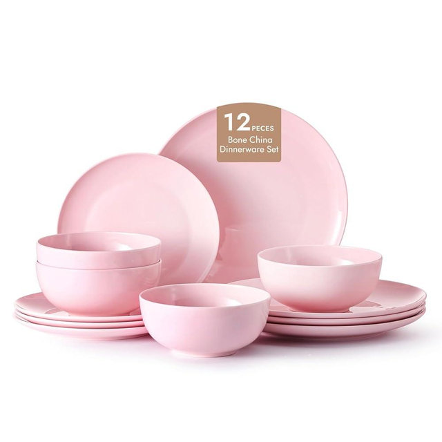 KINGSTONE 12-Piece Bone China Dinnerware Set for 4, Lightweight Porcelain Round Plates and Bowls Set, Durable Scratch Resistant Ceramic Dinner Set, Microwave & Dishwasher Safe, Sakura Pink