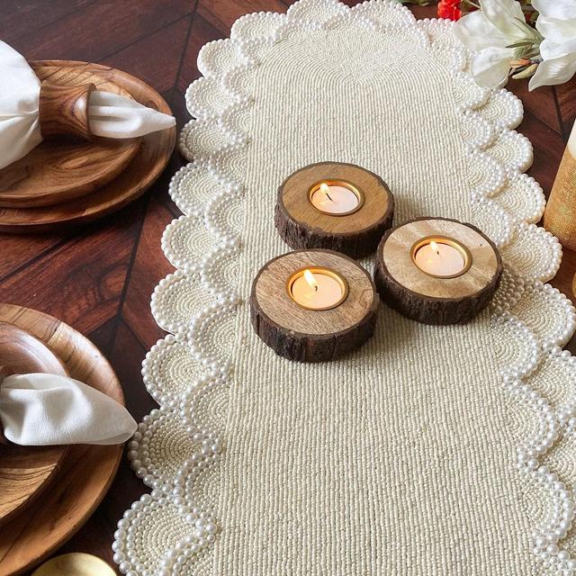 Handmade beaded table runner, pearl white, wedding table runner 13x36inch