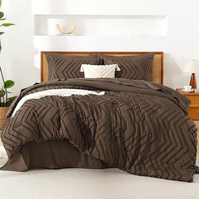 Litanika King Size Comforter Set with Sheets Brown - 7 Pieces Bed in a Bag King Chevron Tufted Complete Bedding Sets with Comforter, Sheets, Pillowcases & Shams