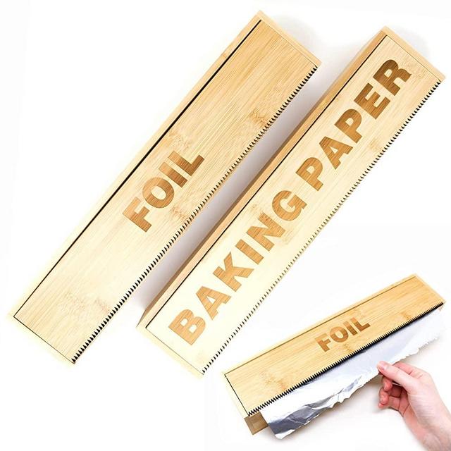 LandHome Bamboo Wrap Dispenser with Cutter - Parchment Paper and Aluminum Foil Dispenser for Kitchen - Wax Paper, Food Wrap and Tin Foil Organizer for Drawer Storage, Compatible with 12 Inch Roll