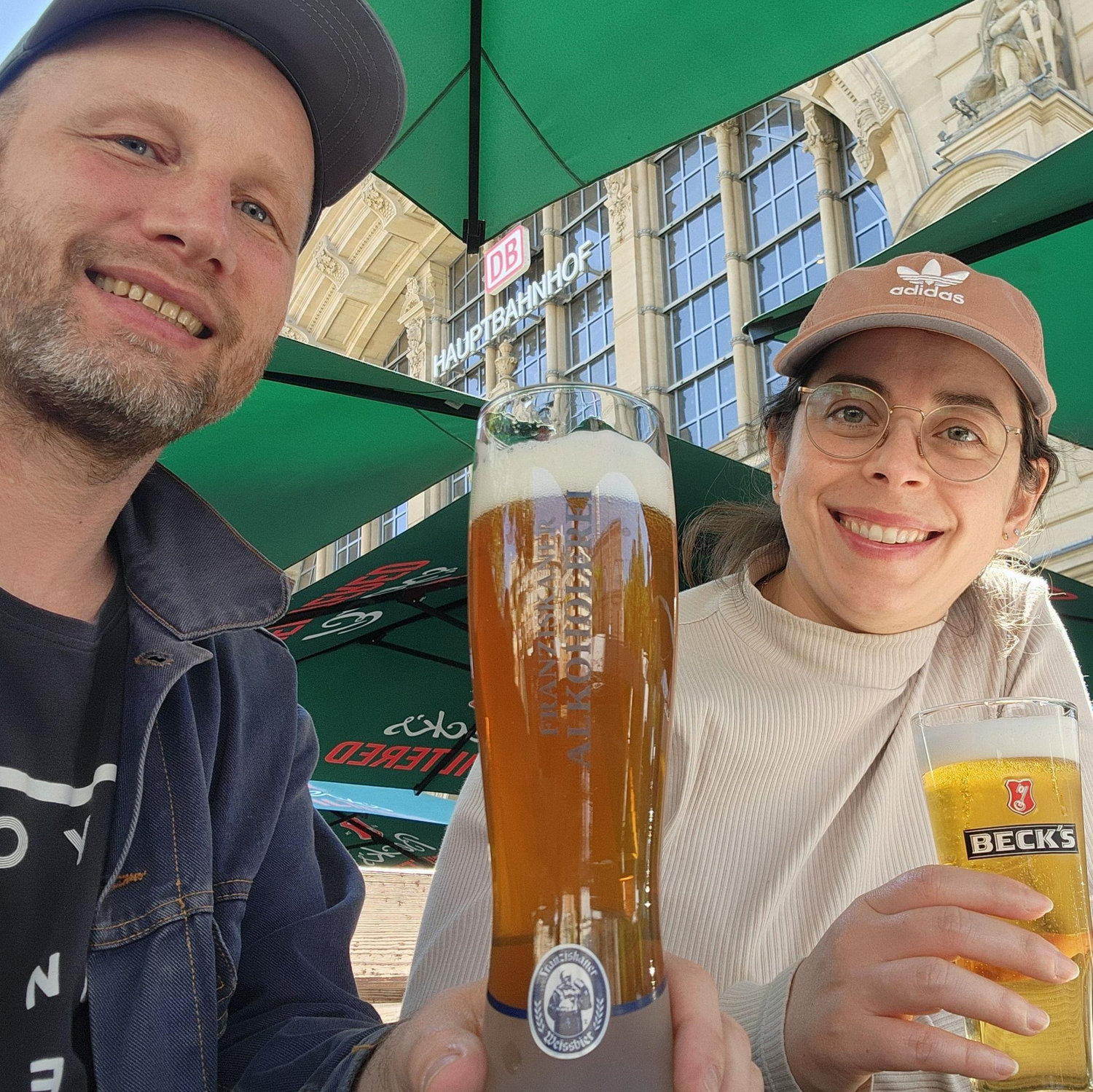 Cheeky pints and at a hop on- hop off (train station) in Germany.