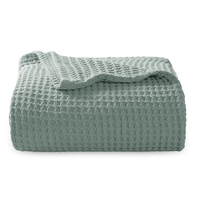 Bedsure 100% Cotton Blanket Twin XL Size for College Dorm - Breathable and Soft, Waffle Weave Twin Blanket for Summer, Dorm Room Essentials, Sage Green, 66x90 inches